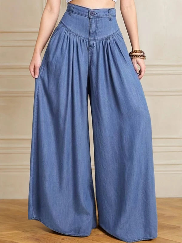Women's Imitation Denim High Waist Wide Leg Palazzo Pants 2026 New Spring Fashion Pleated Casual Streetwear Y2K Style Trousers