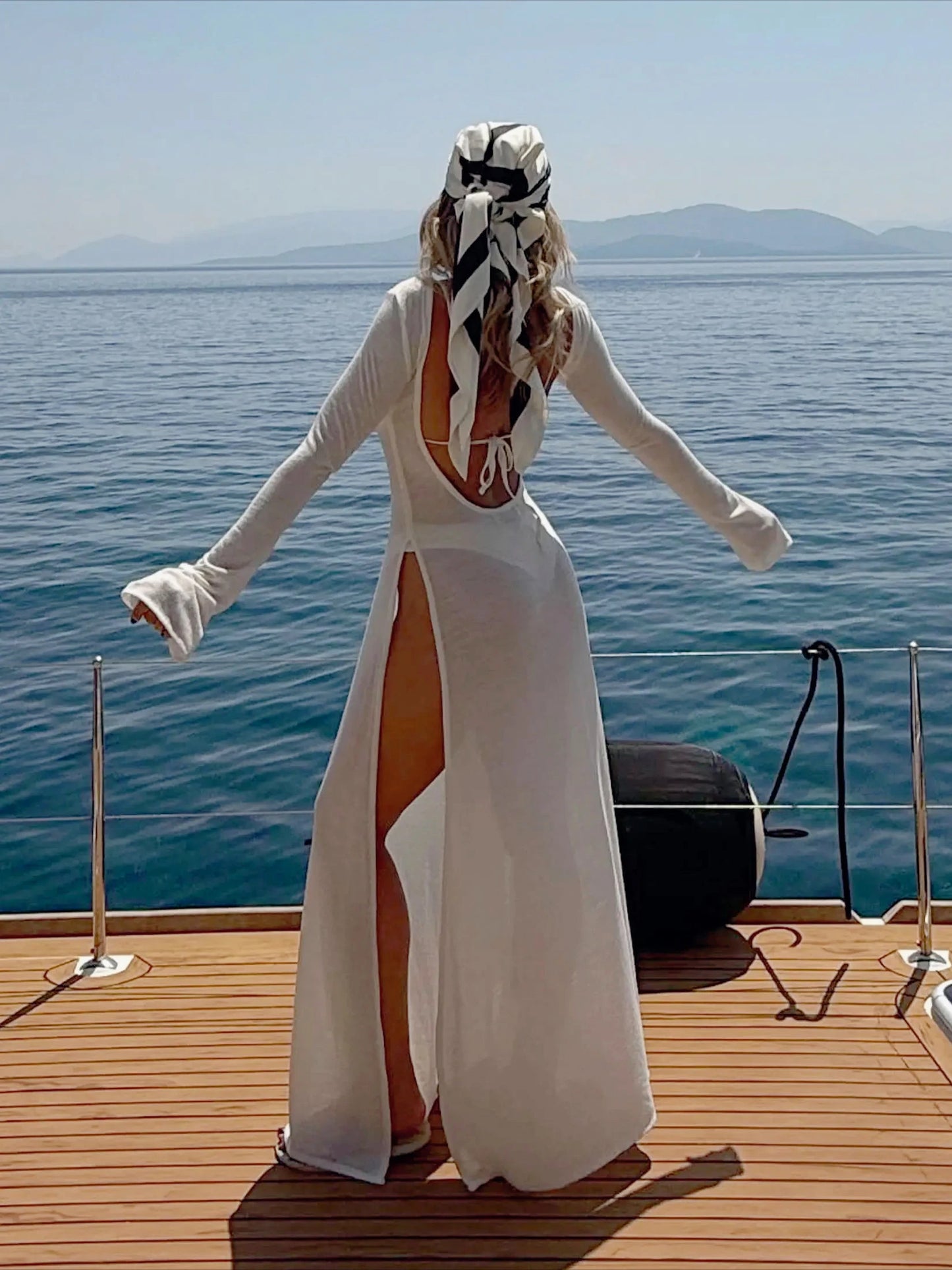 Women's White Knit See-through Swimwear Cover-up 2025 Summer Fall Clothes Sexy Backless Long Sleeve Split Beach Maxi Dress C82