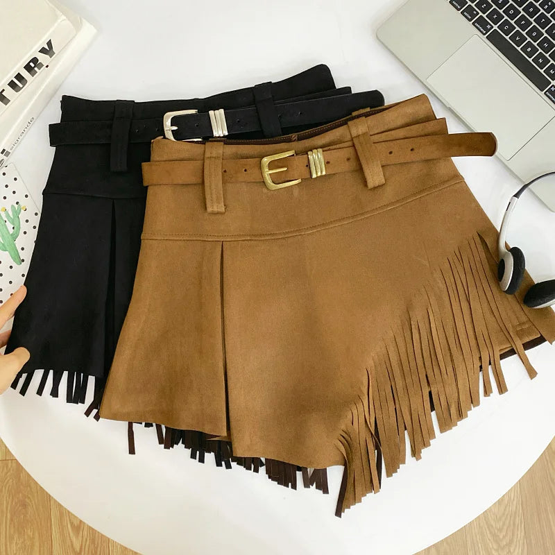 Tassel Detail Faux Suede Shorts