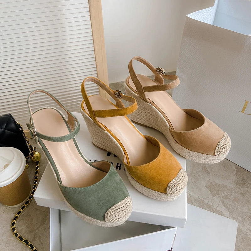 Elegant Apricot Suede Wedge Platform Sandals for Women