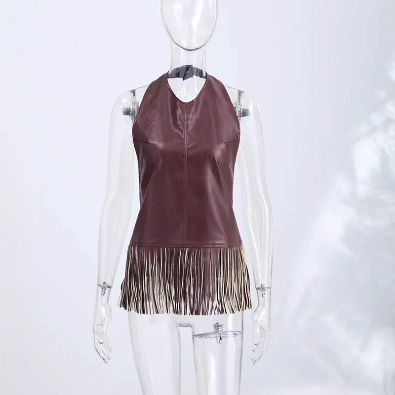 Faux Leather Patchwork Fringe Halter Top for Women