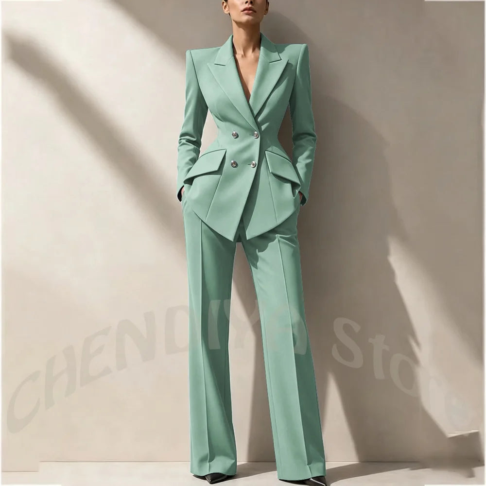 New Arrival Women's Two Piece Suit Peak Lapel Slim Fitted Classic Double Breasted Wedding Guest Evening Gala Party Female Set