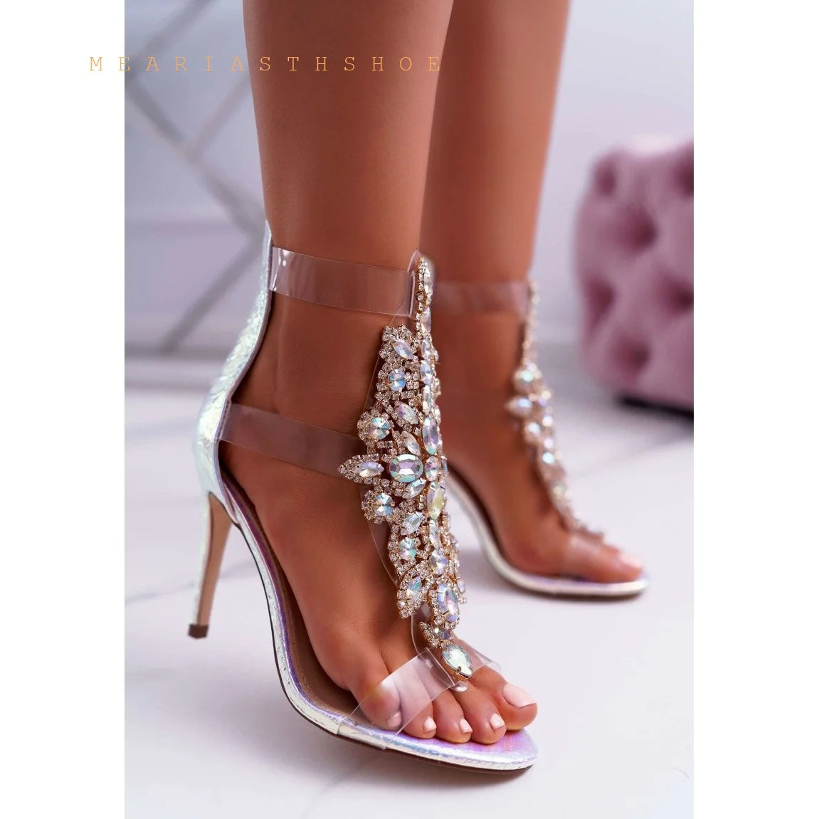 Clear Rhinestone T Strap Open Toe Gladiator Sandals For Women