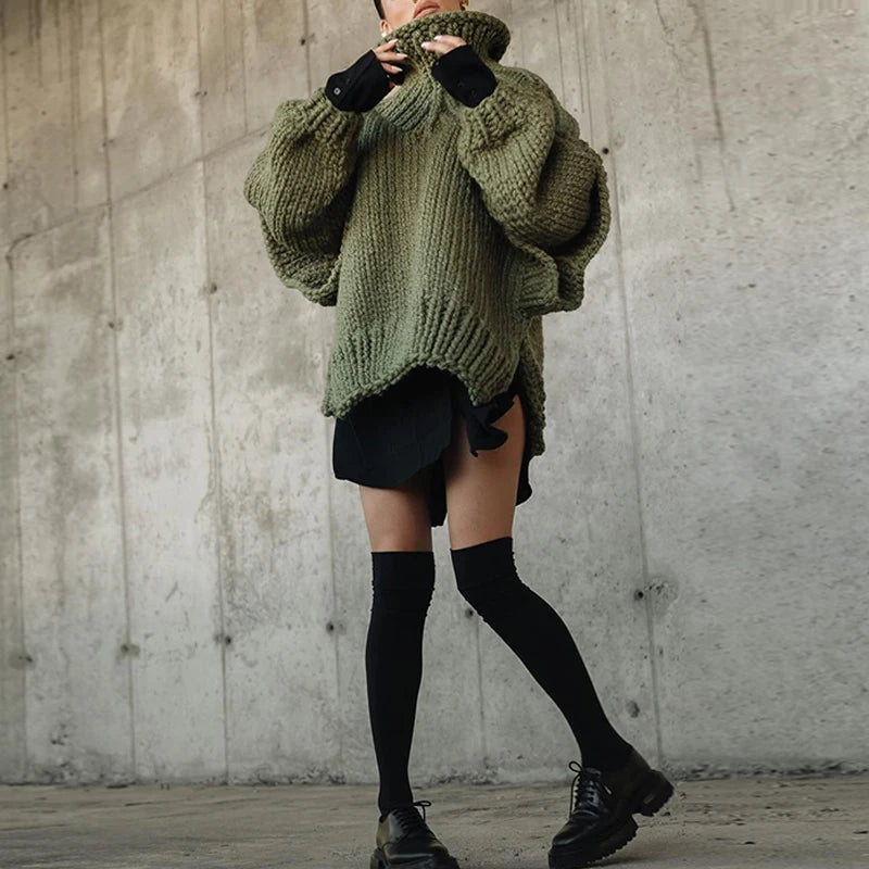Women Casual Warm Winter Thick Sweater Fall Elegant Turtleneck Solid Knitted Jumper Femme Fashion Long Sleeve Loose Pullover Top