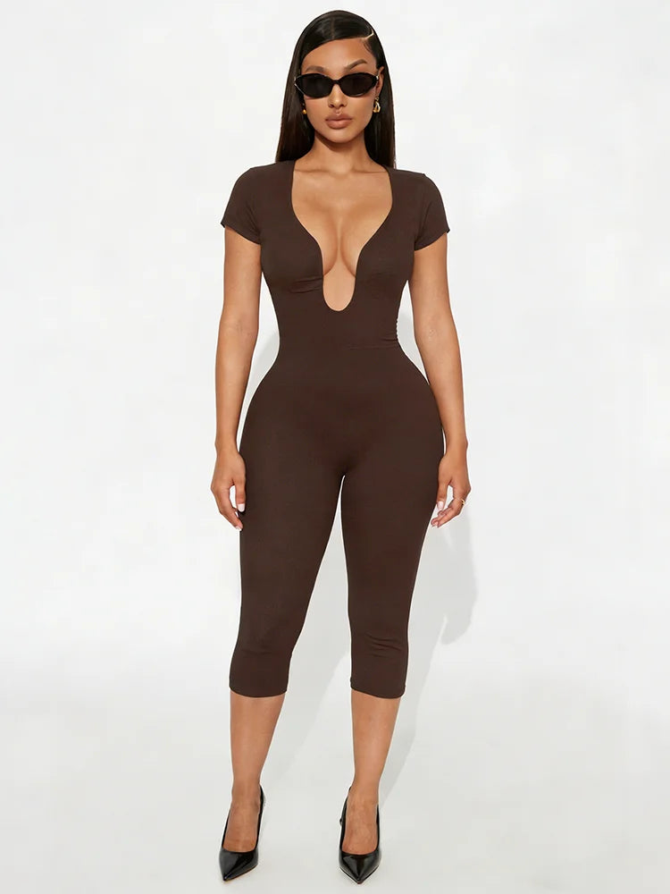 Patchwork Irregular Low-Neck Short Sleeve Stretch Playsuit for Women