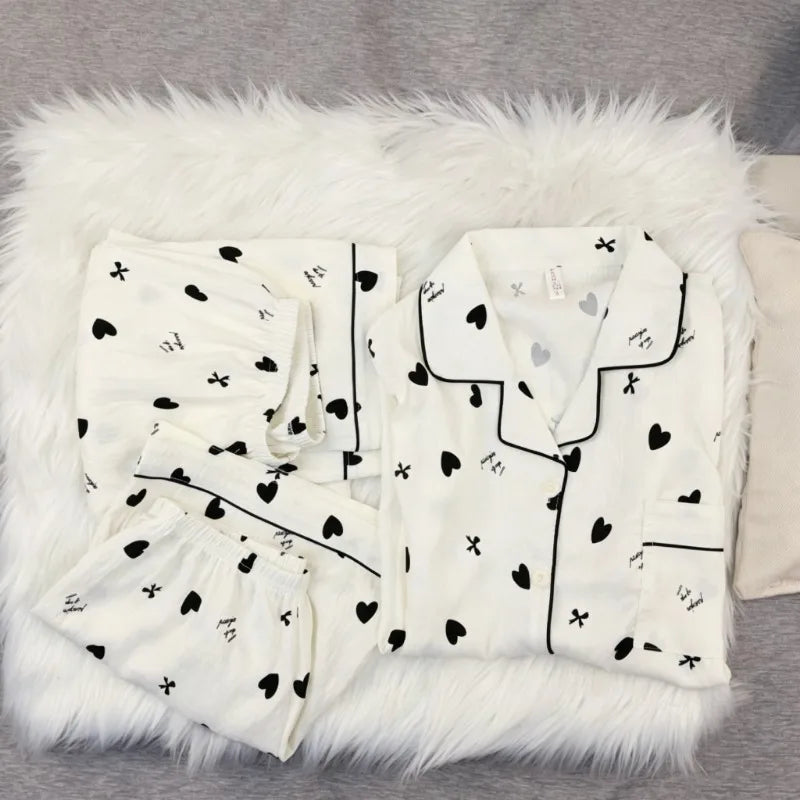 Korean Cute Heart Bow Print Pajamas Set Women 3 Piece Summer Soft Harajuku Style Homewear Sweet Love Pattern PJ Loungewear