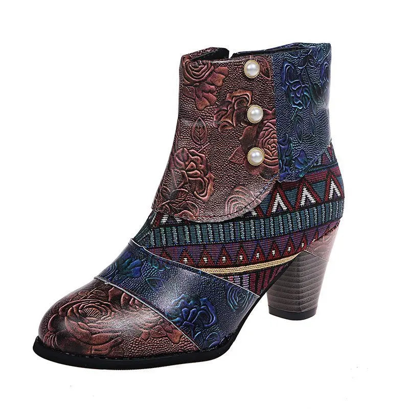 Vintage Printed Leather Zippered Ankle Boots for Women