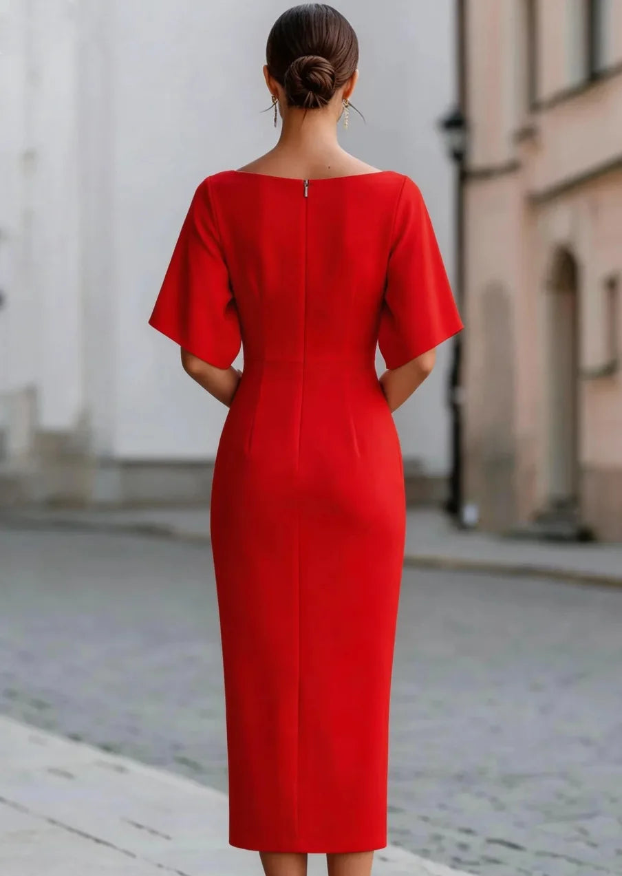 Elegant Office Midi Dress With Short Sleeves For Women