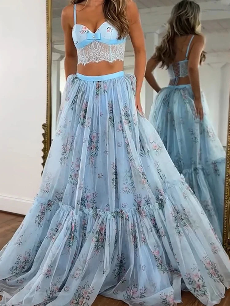 Printed Spaghetti Strap Top and Maxi Skirt Set for Women
