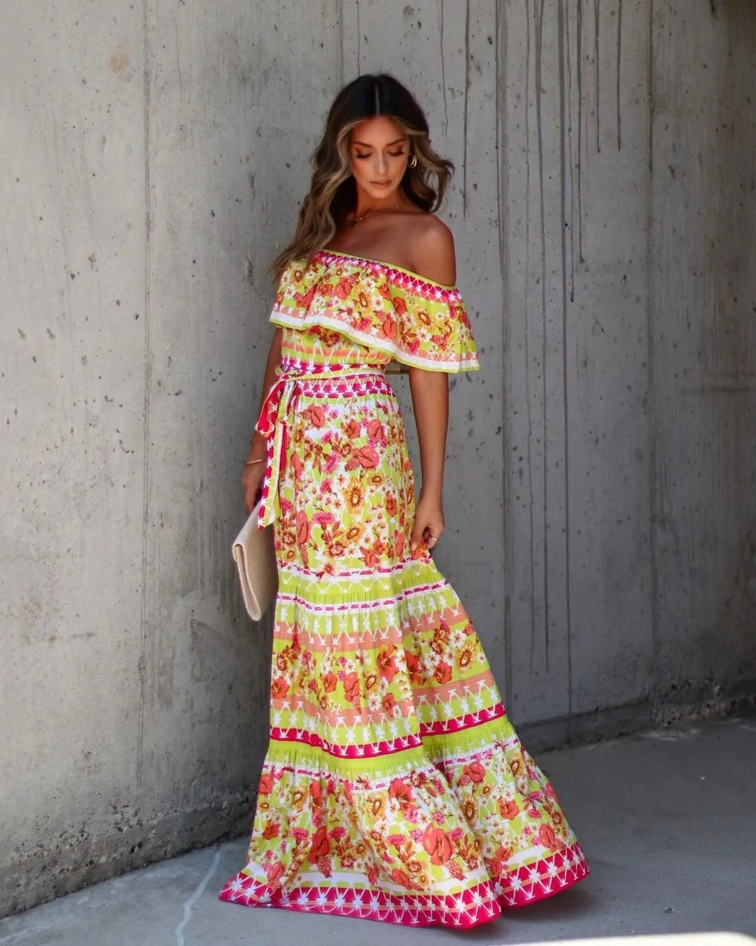 Floral Print Off Shoulder High Waist Dress for Women