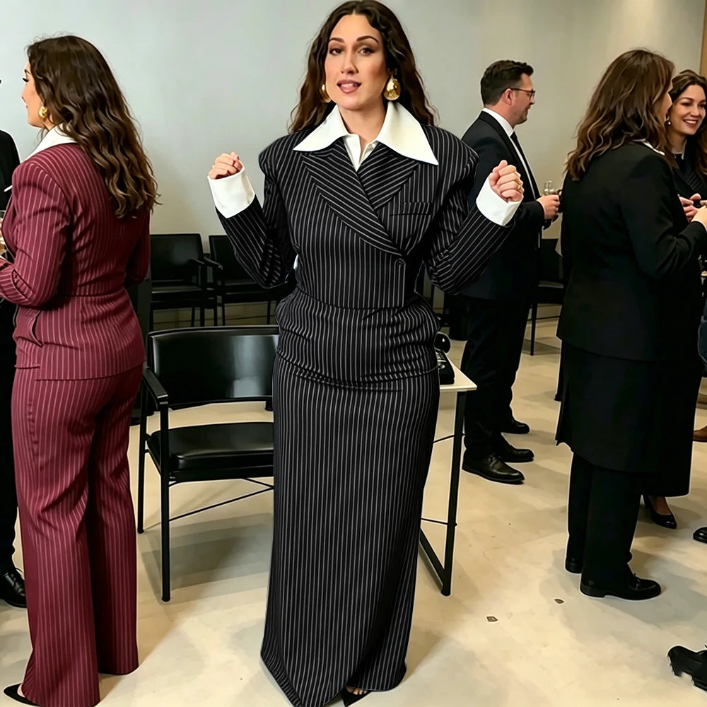 Navy Pinstripe Single Breasted Blazer Skirt Set for Women