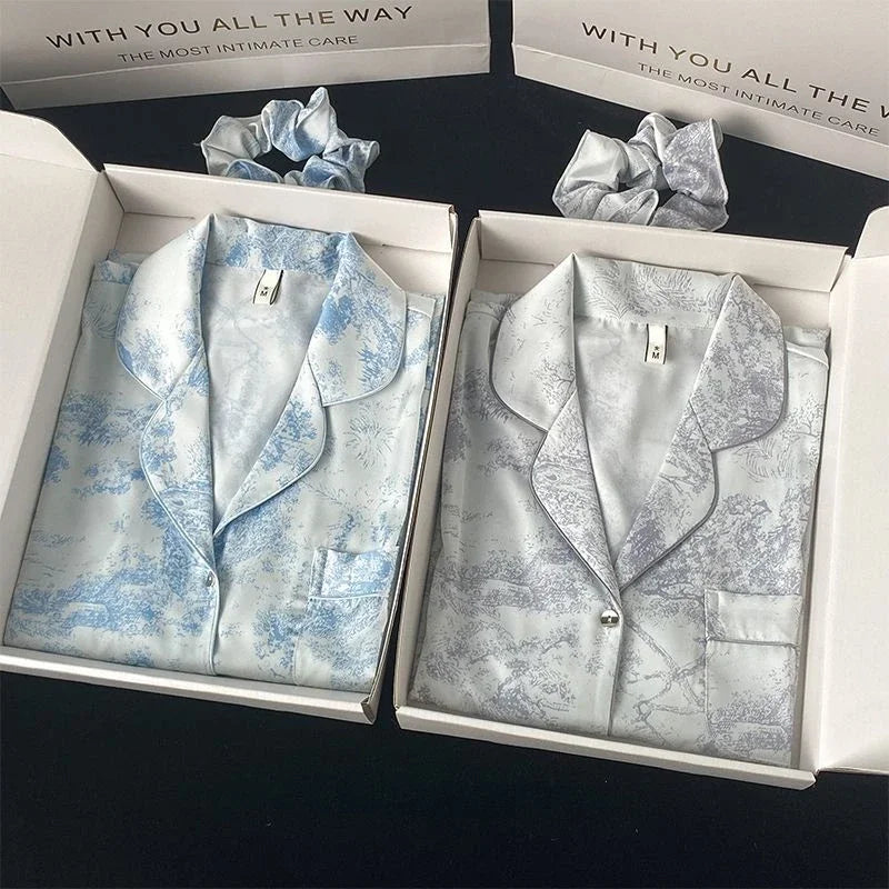 Women's Home Clothes Lapel Button Cardigan 2 Piece Outfit Set Women Printing Pajamas for Women Autumn Winter New Ice Silk