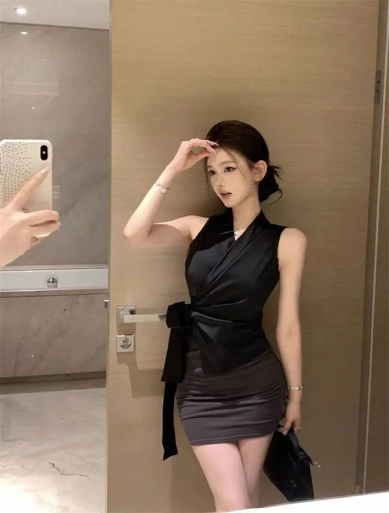 Solid V Neck Bandage Sleeveless Elegant Top for Women