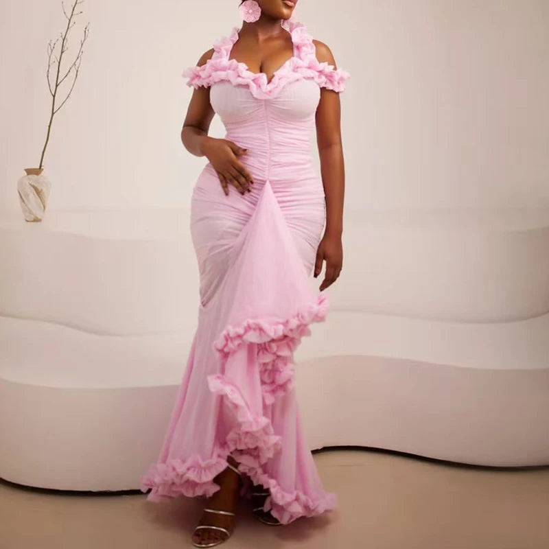 Elegant Halter Neck Hollow Evening Dress Women Sexy Sleeveless Hight Waist Solid Long Dress Fashion Irregular Draped Slim Dress