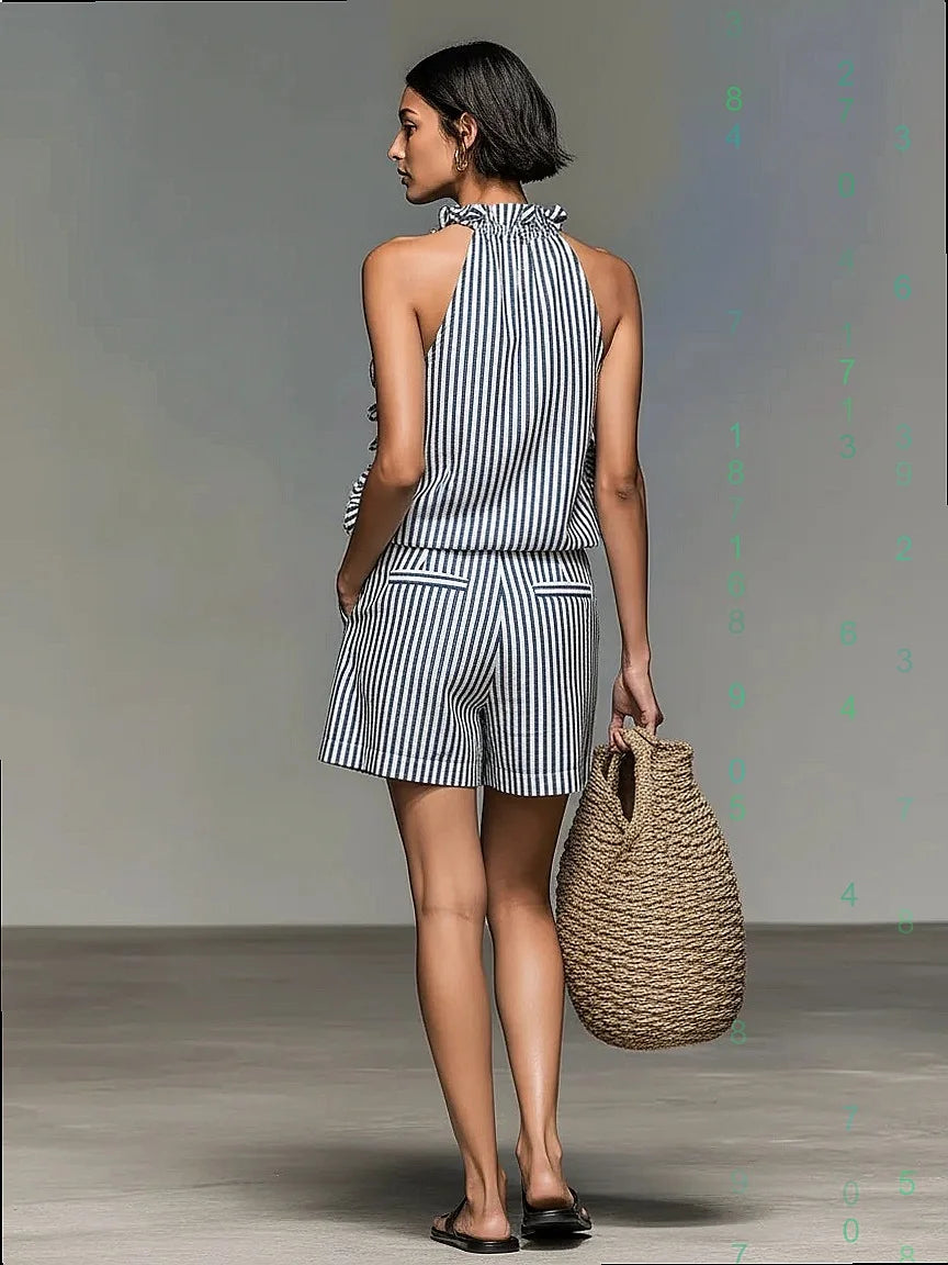 Striped Sleeveless Lace Top and Shorts Set for Women