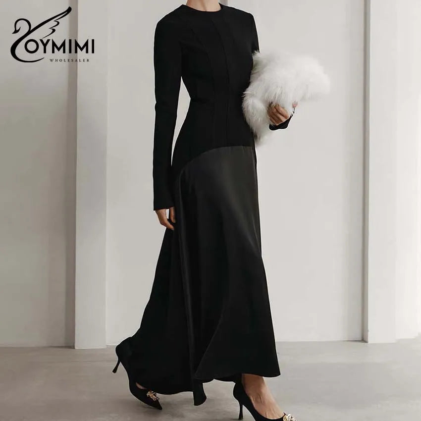 Oymimi Elegant Black O-Neck Womens Dresses Fashion Long Sleeve Patchwork Slim Dresses Casual New Straight Ankle-Length Dress