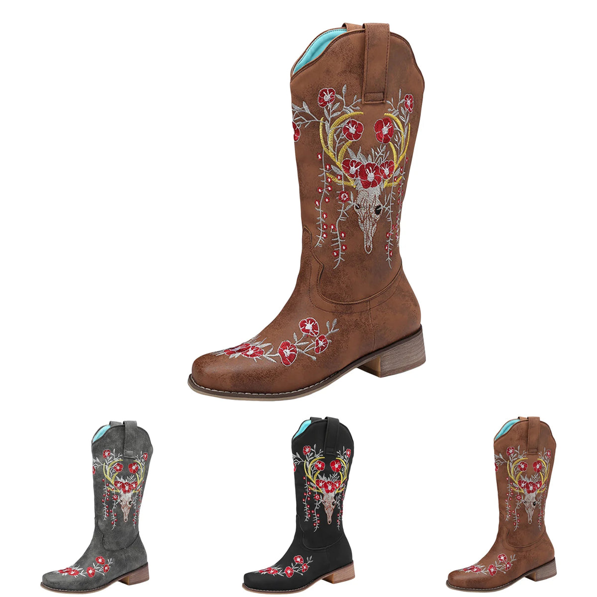 Floral Embroidered Mid-Calf Western Boots for Women