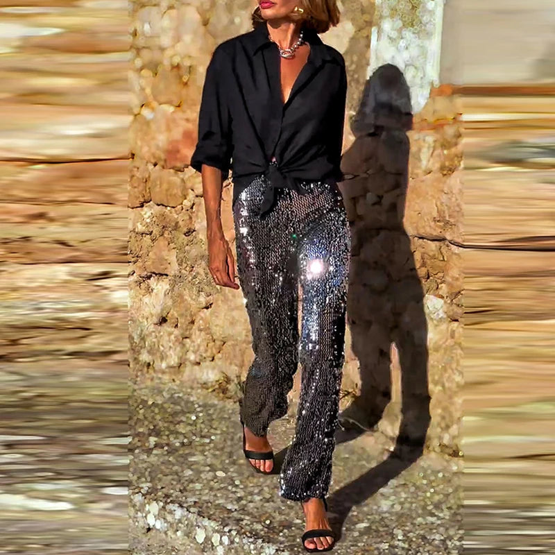 Shiny Sequins Club Party Elastic Waist Flared Pants for Women