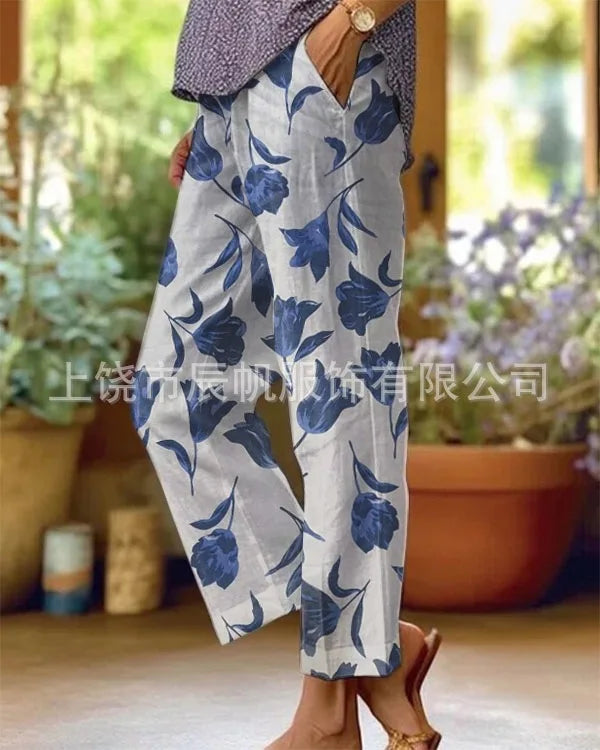 Elegant Printed Loose Ankle-Length Casual Pants for Women