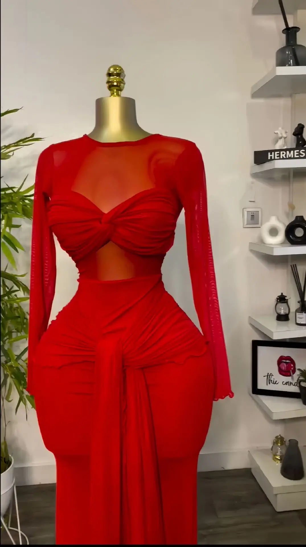 Elegant Hollow Out Mesh Long Sleeve Maxi Dress for Women
