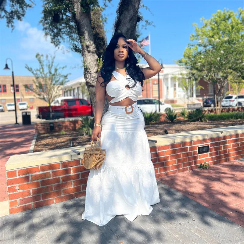 Sexy Party Club 2 Piece Sets Women Outfit Summer Dress Flower Crop Top and Long Skirt Set Elegant Vacation Festival Outfits