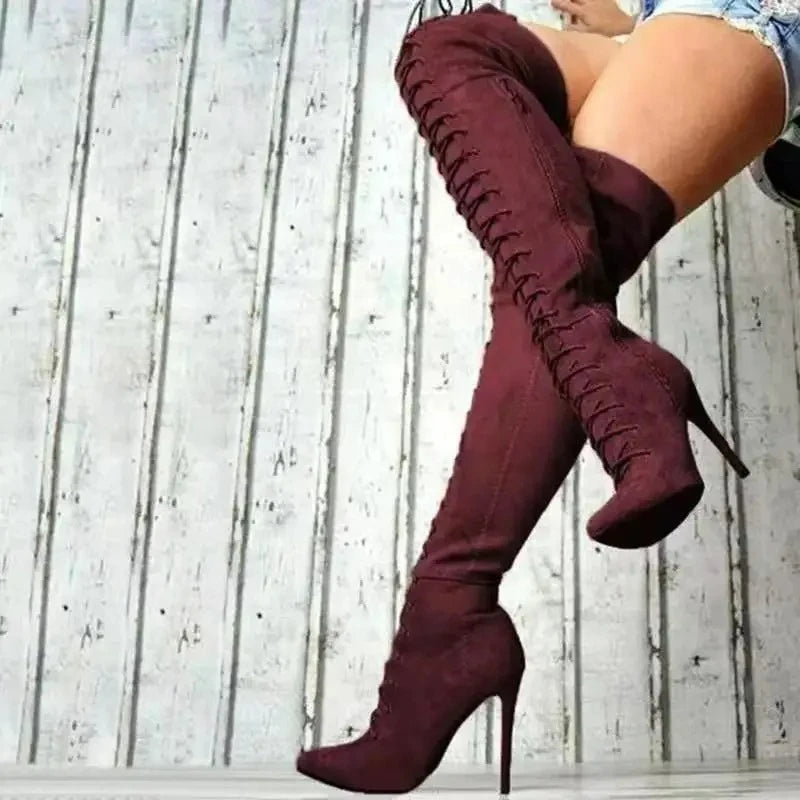 Pointed Toe Lace Up Over The Knee Stiletto Boots for Women