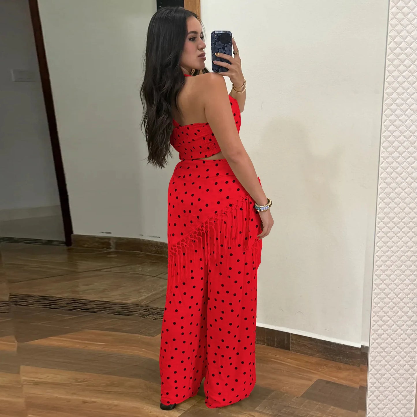 Polka Dot Print Halter Crop Top Tassel Fringe Two Piece Outfit for Women