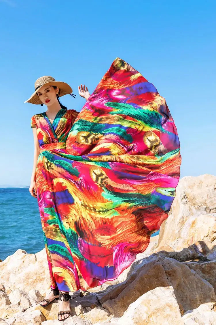 Plus Size Peacock Print Maxi Dress