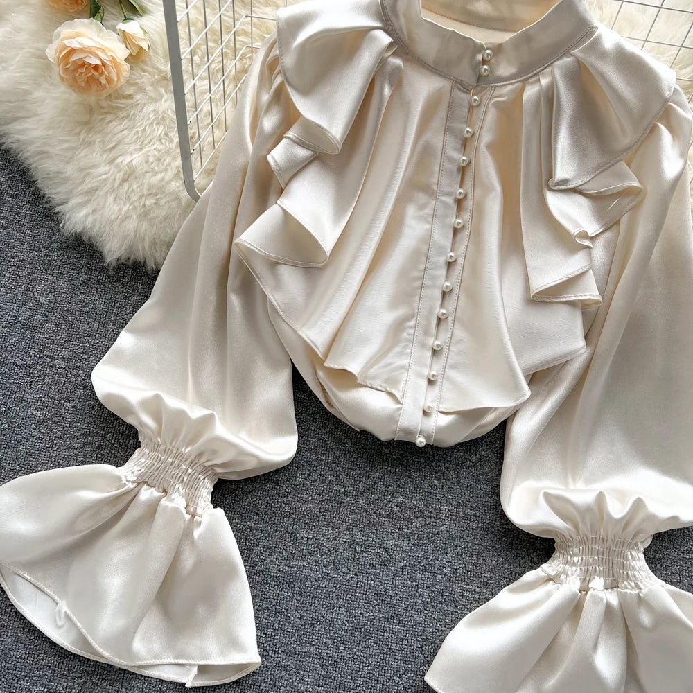 Elegant Satin Ruffle Long Sleeve Blouse for Women