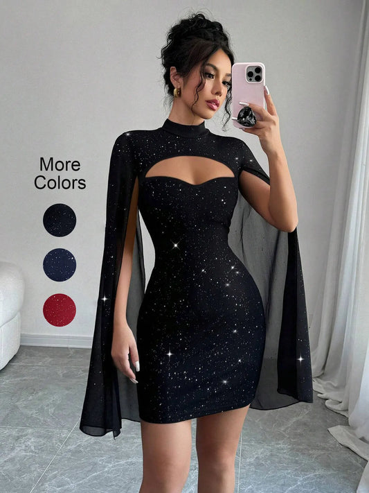 Sexy Women's Stand Collar Cape Mini Dress Sequins Sparkling Club Party Night Out Fitted Bodycon Elegant Autumn Winter