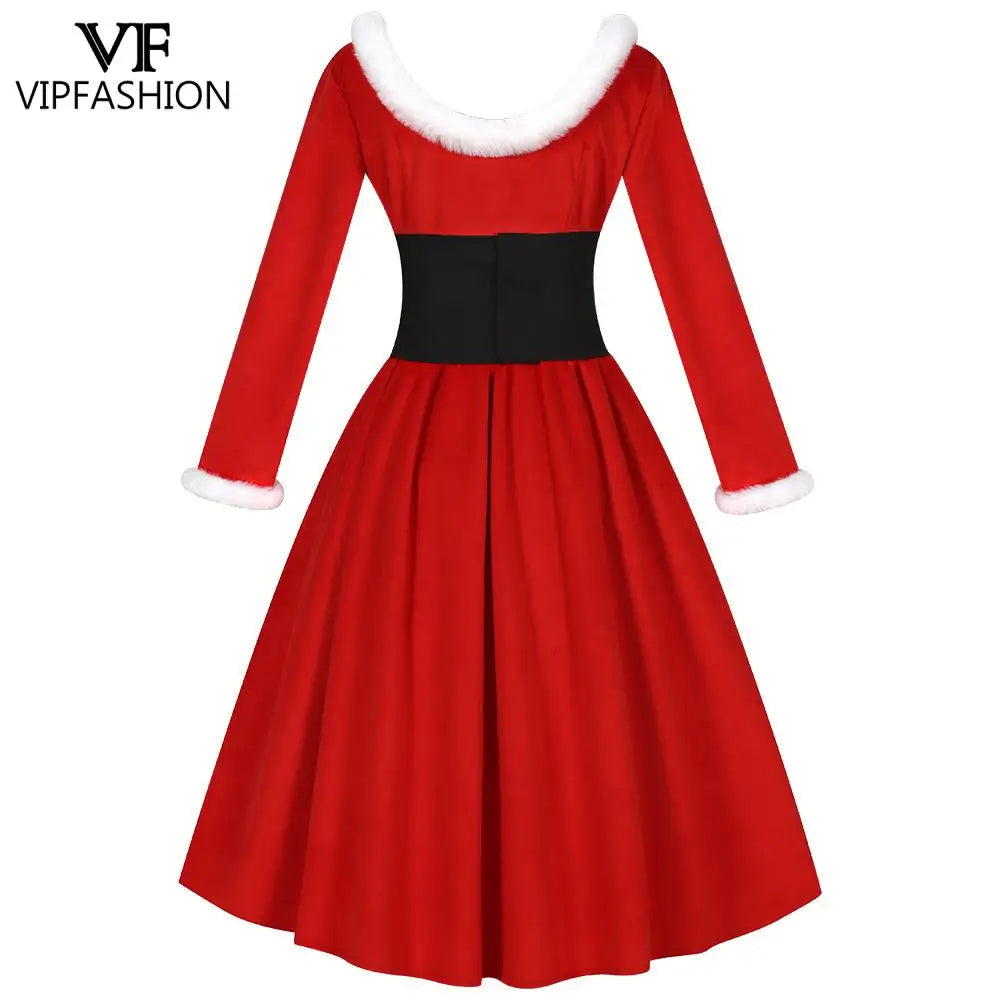 Long Sleeve Red Christmas Santa With Belt Dress for Women