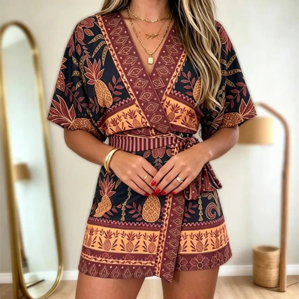 Seashell Starfish Print Wrap V Neck Short Sleeve Lace Up Romper for Women