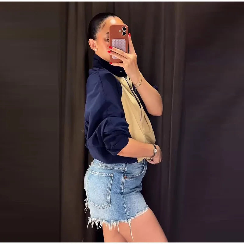 Color Block Two Piece Tracksuit With Cropped Jacket for Women