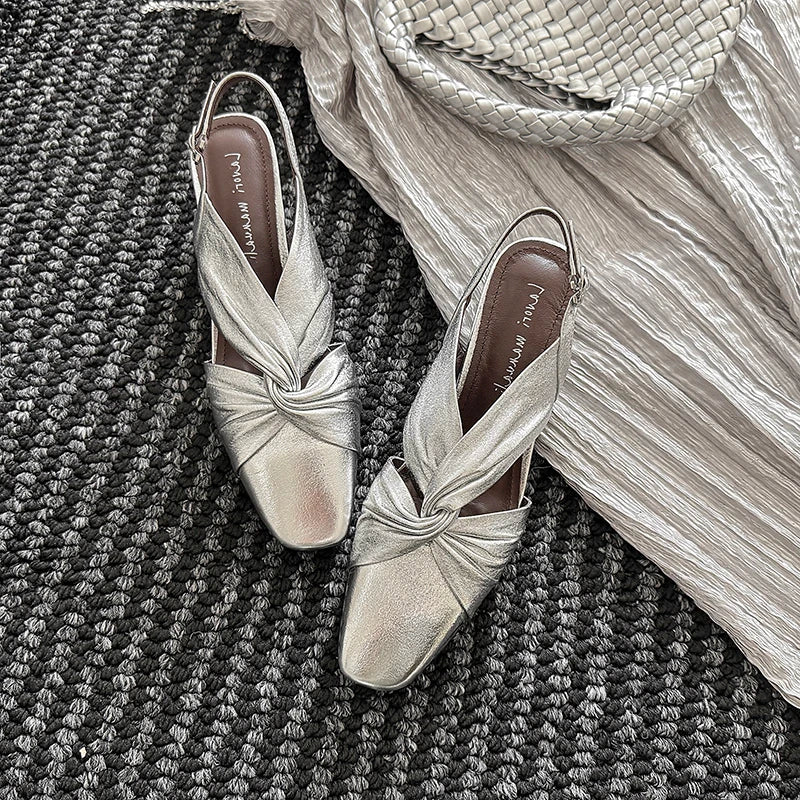 Handmade Real Leather Bowtie Square Heel Slingback Sandals for Women