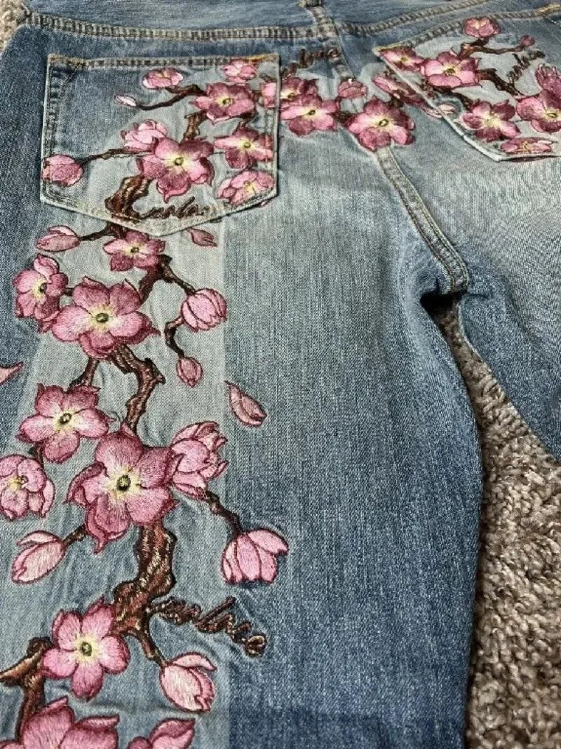 Vintage Cherry Blossom Embroidery Baggy Jeans Women Y2k Harajuku Hip Hop Casual 2000s Wide Trousers American Gothic Streetwear