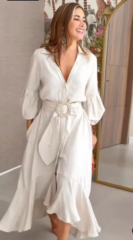 Casual Summer Dress With Turn Down Collar And Pockets for Women