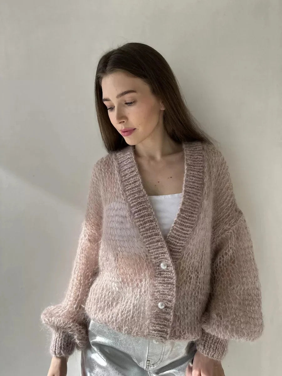 Loose Fit Open Knit V Neck Cardigan Sweater for Women