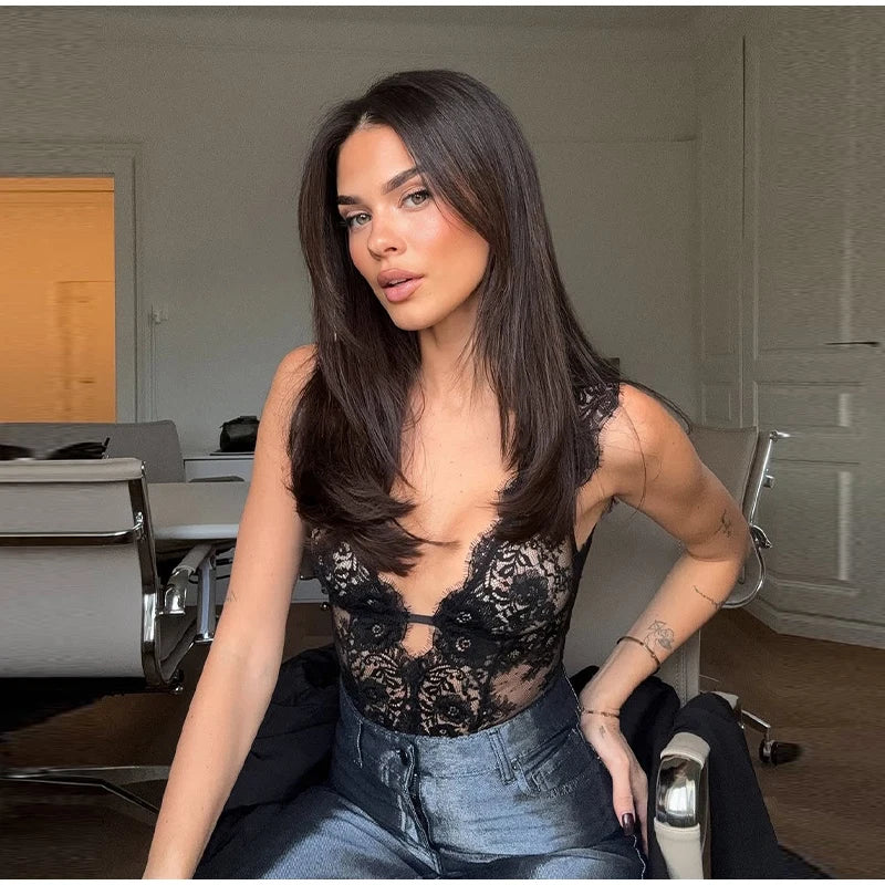 Black Backless Lace V Neck Sleeveless Bodysuit for Women