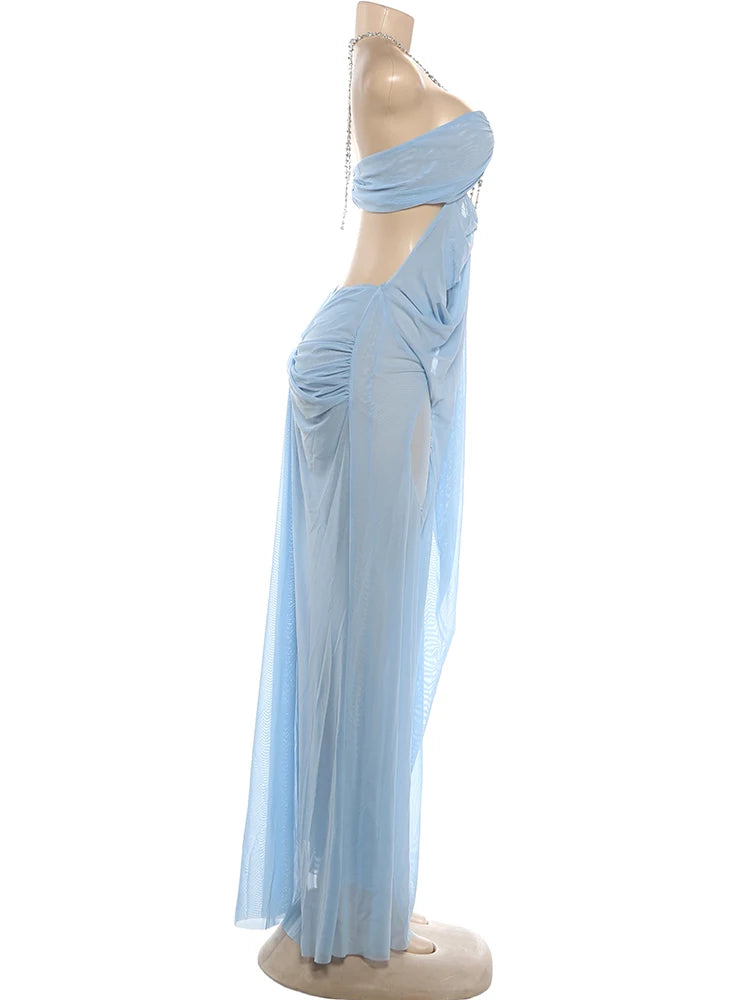 See Through Halter Backless Ruched Patchwork Dress for Women