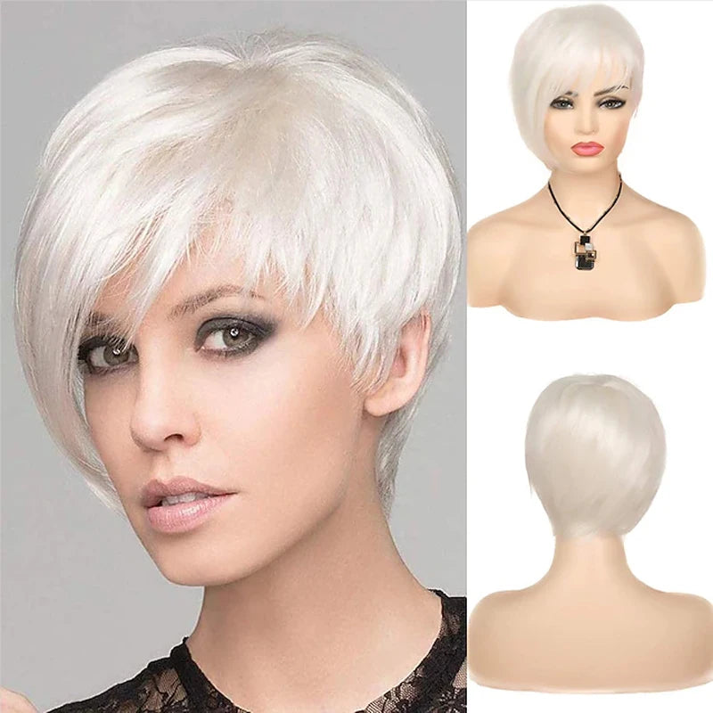 Heat Resistant White Fringe Pixie Hair Wig For Women
