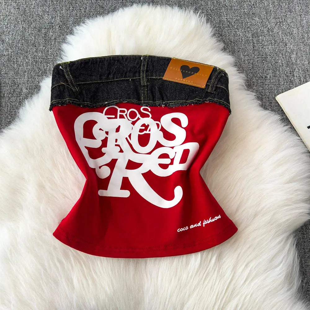 Spicy girl letter embroidered strapless top sexy women's summer retro denim patchwork slim fit camisole vest for street wear