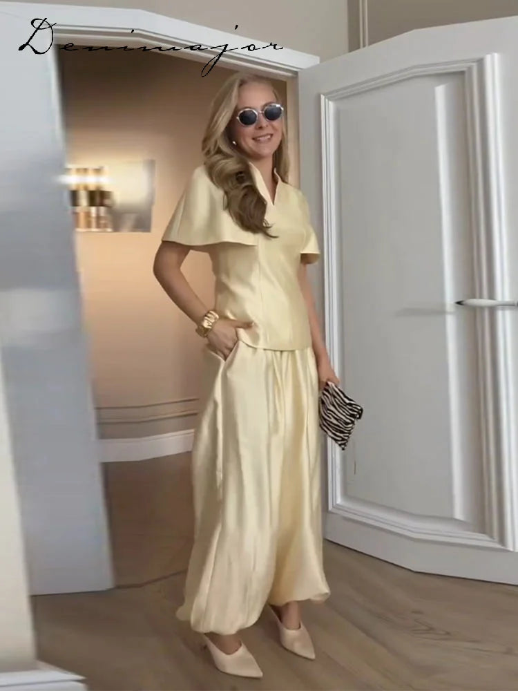 Casual V-Neck Top and Wide-Leg Pants Set for Women