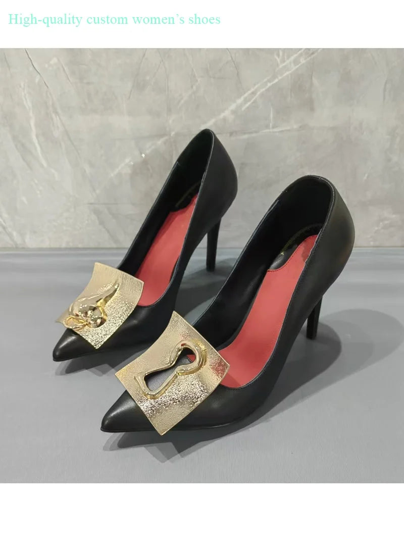Black Leather Pointed Toe Stiletto Pumps With Buckle Strap For Women