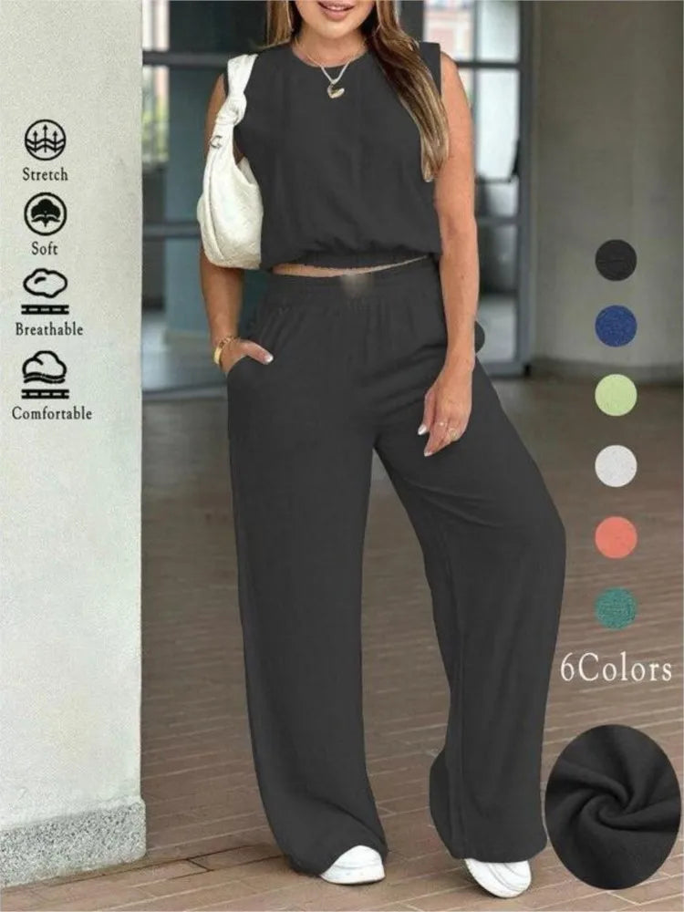 Casual Summer Sleeveless Wide-Leg Two-Piece Set for Women
