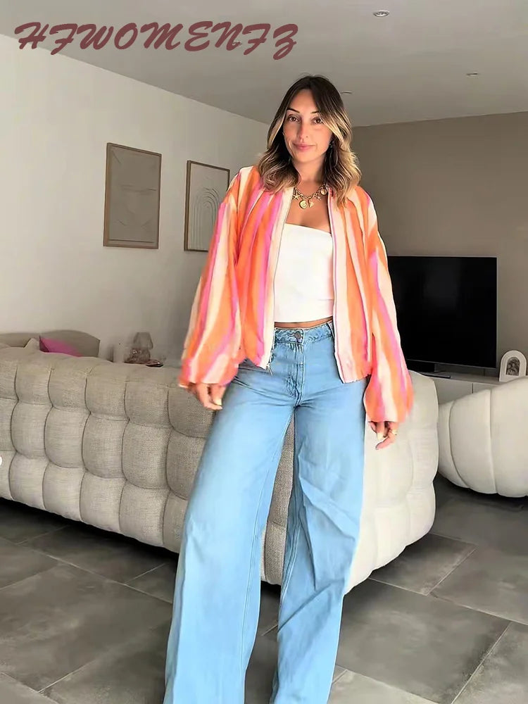 Elegant Striped with Stand Collar Jacket for Women