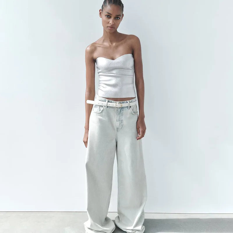 Cryptographic Fashion Vintage Strapless Gold Crop Tops Party Club Outfits for Women Tube Vest Sexy Backless Bustier Tops Y2K