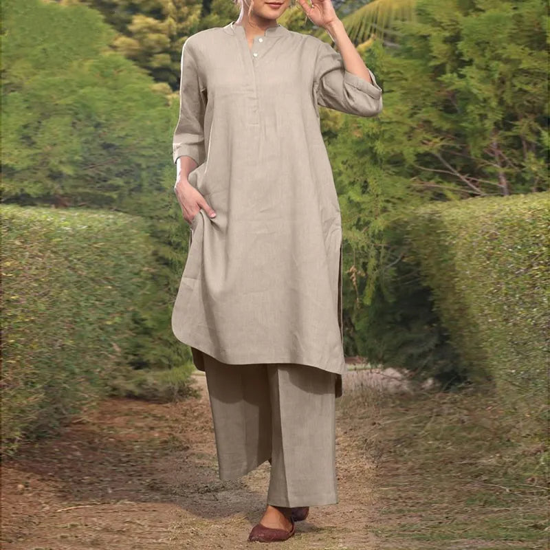 V Neck Shirt and Straight Pants Two Piece Set for Women