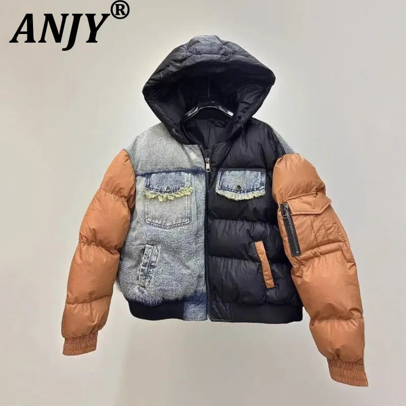 ANJY Autumn Winter New Women European Trendy Padded Coat Heavy-Duty Denim Patchwork Pocket Color-Block Hooded Down Jacket A12508