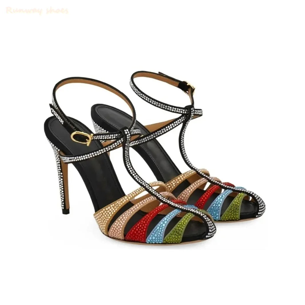 Luxury Rhinestone Buckle Open Toe Stiletto Sandals For Women