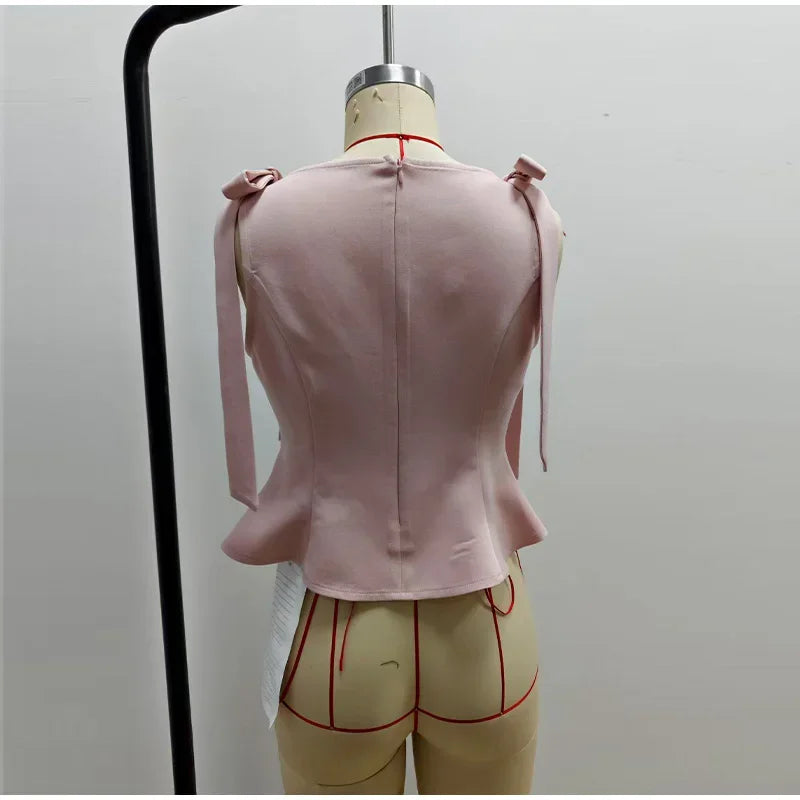 Lace Up Bow Detail Round Neck Sleeveless Top For Women